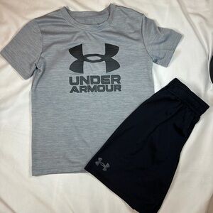 Under Armour Kids Performance Gray and Black Short Sleeve Tee with Black Shorts